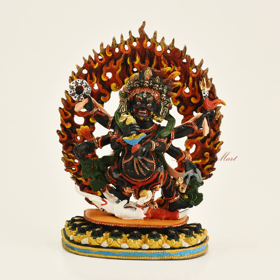 Front view of handcrafted Black Mahakala statue with 24-karat gold gilding, made in Patan, Nepal