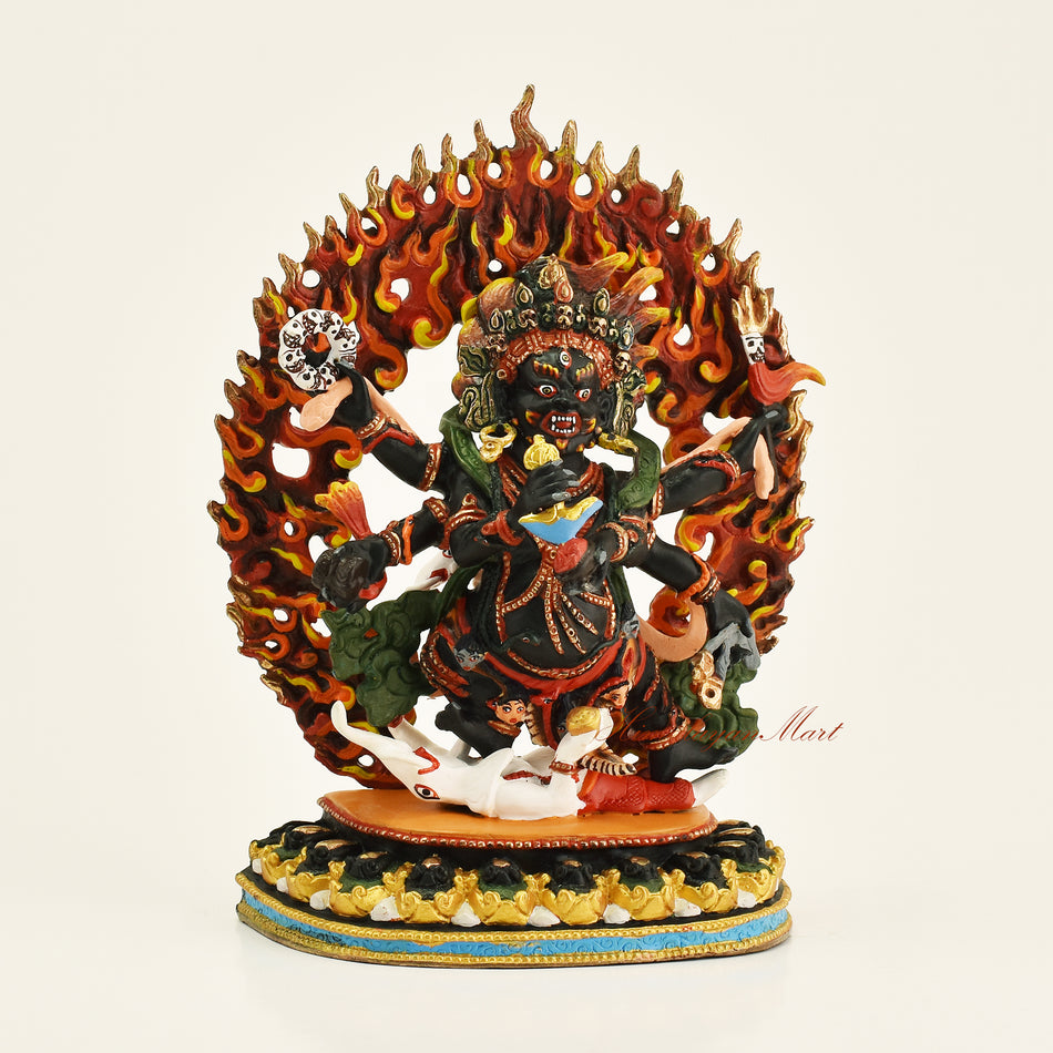 Right side view of Black Mahakala statue showing hand-painted detail and copper alloy finish