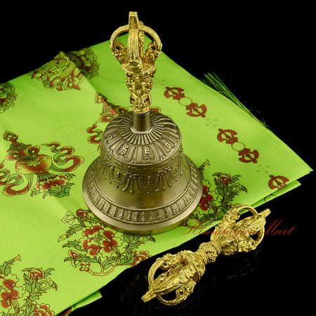 
Bronze Copper Vajra Bell set handmade in Patan Nepal, antique finish with engraved Buddhist motifs, front view