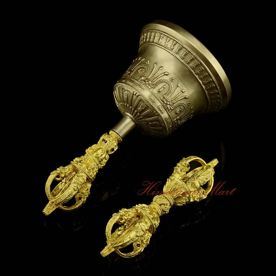 Bronze Copper Vajra Bell set handmade in Nepal, Buddhist ritual implements with antique patina, left angle view