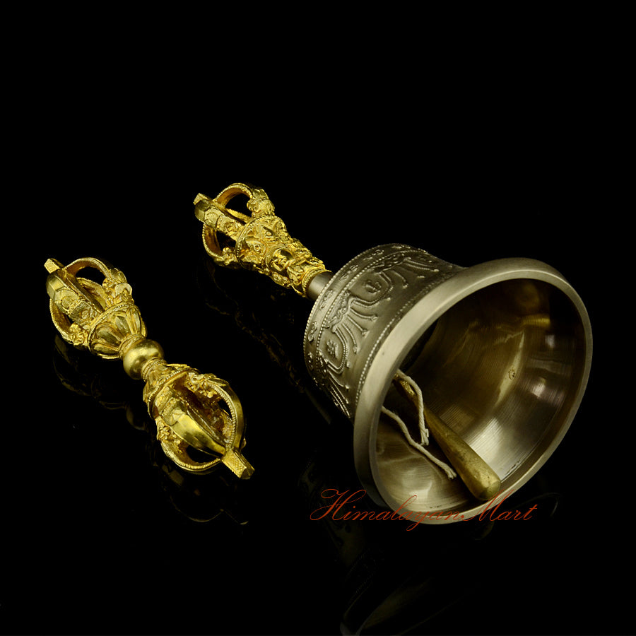Bronze Copper Vajra Bell set handmade in Nepal, hand-engraved mantras visible, antique bronze finish, right angle