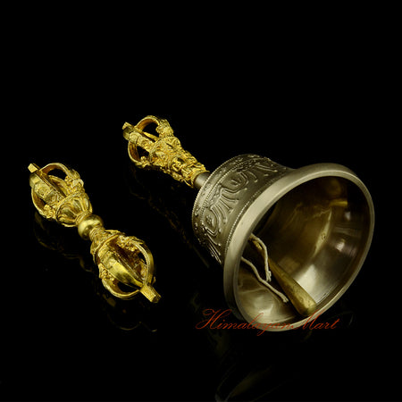 Bronze Copper Vajra Bell set handmade in Nepal, hand-engraved mantras visible, antique bronze finish, right angle