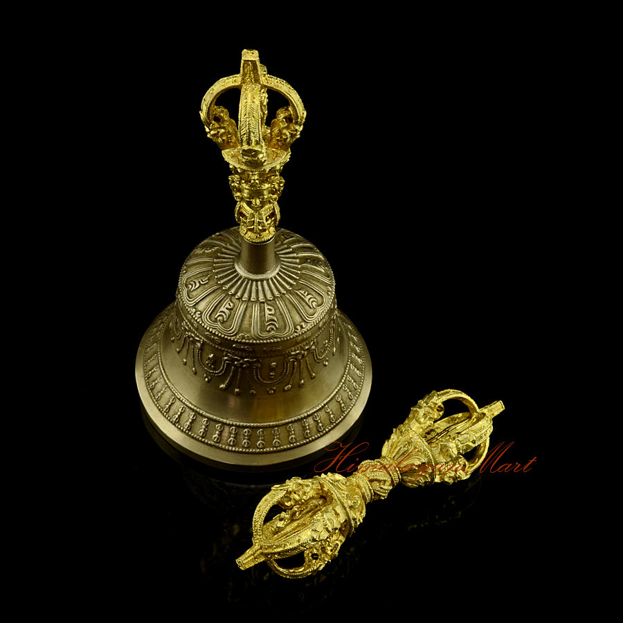 Bronze Copper Vajra Bell set handmade in Nepal, showing bell handle and vajra profile, antique finish, side view