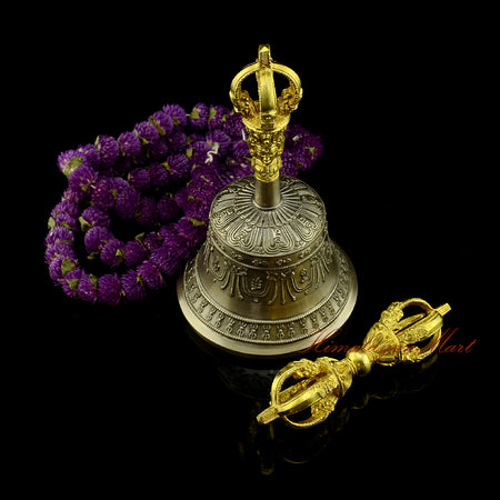 Bronze Tibetan Buddhist Vajra and Bell set with mantra inscriptions, front view