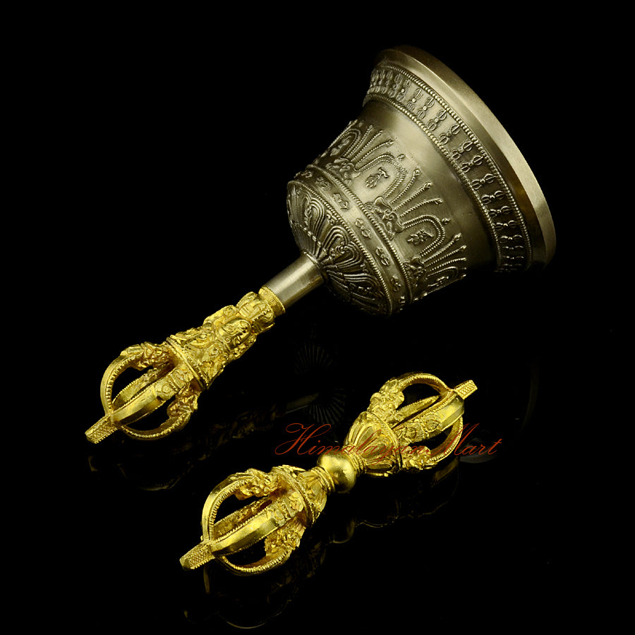 Right side view of handmade bronze Dorje and Bell set from Patan, Nepal