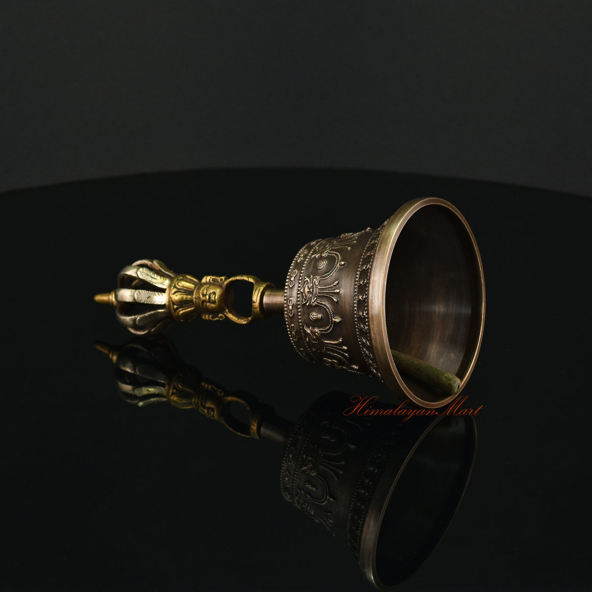 Left View of Handcrafted Buddhist Drilbu Bell in Gold-Plated Five Sacred Metal Alloy, Made in Nepal