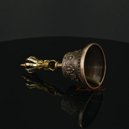 Left View of Handcrafted Buddhist Drilbu Bell in Gold-Plated Five Sacred Metal Alloy, Made in Nepal
