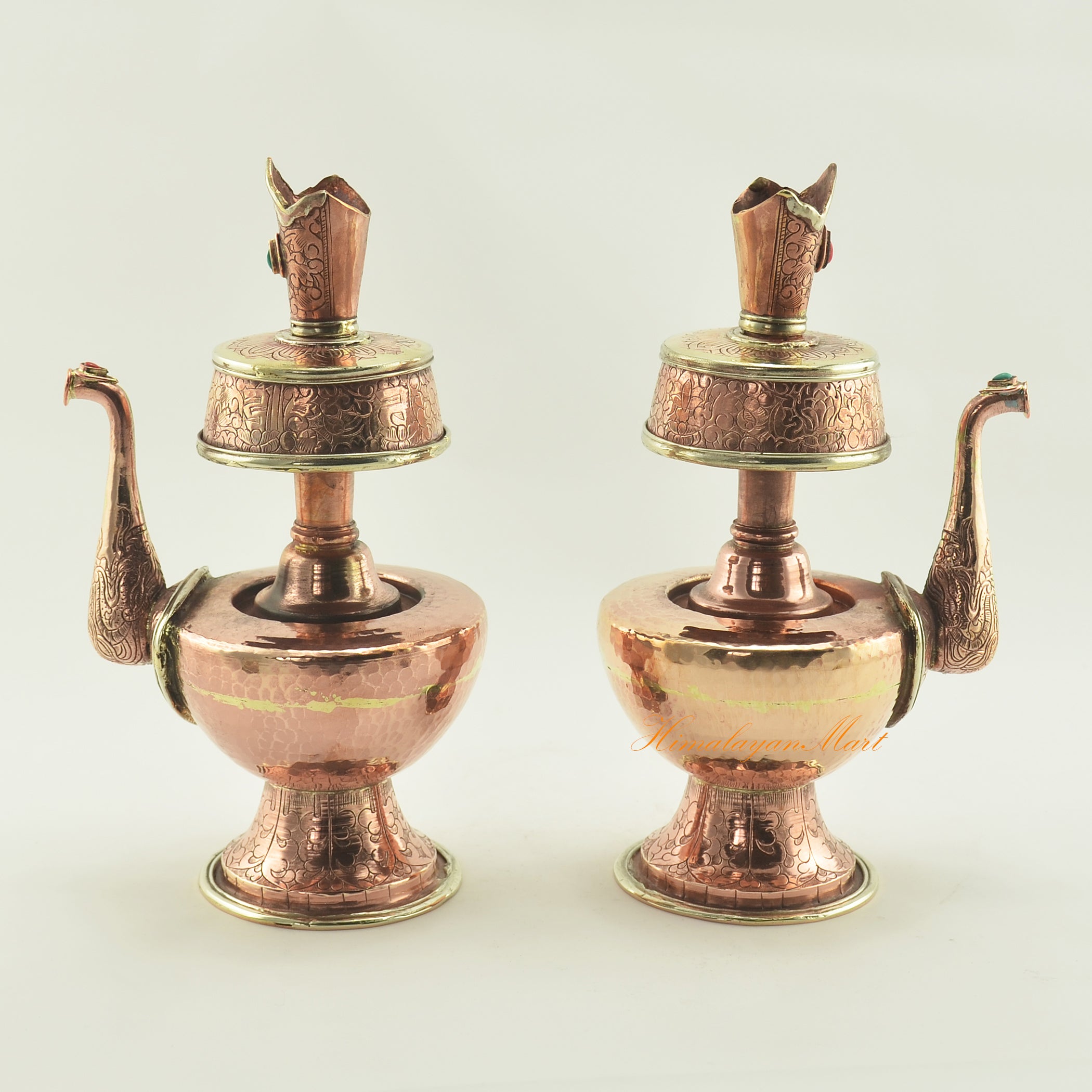 Left and right view of Buddhist Copper Ceremonial Bhumba showing hand-carved copper alloy ritual vessel details