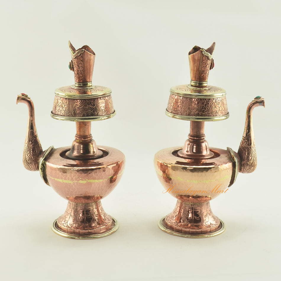 Left and right view of Buddhist Copper Ceremonial Bhumba showing hand-carved copper alloy ritual vessel details
