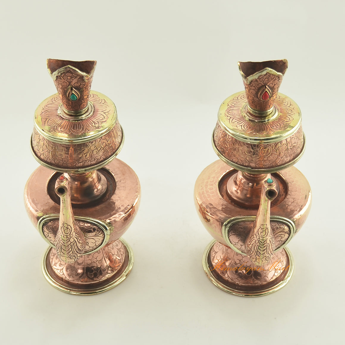 Top view of Buddhist Copper Ceremonial Bhumba showing upper rim, brass ring, and hand-carved detailing