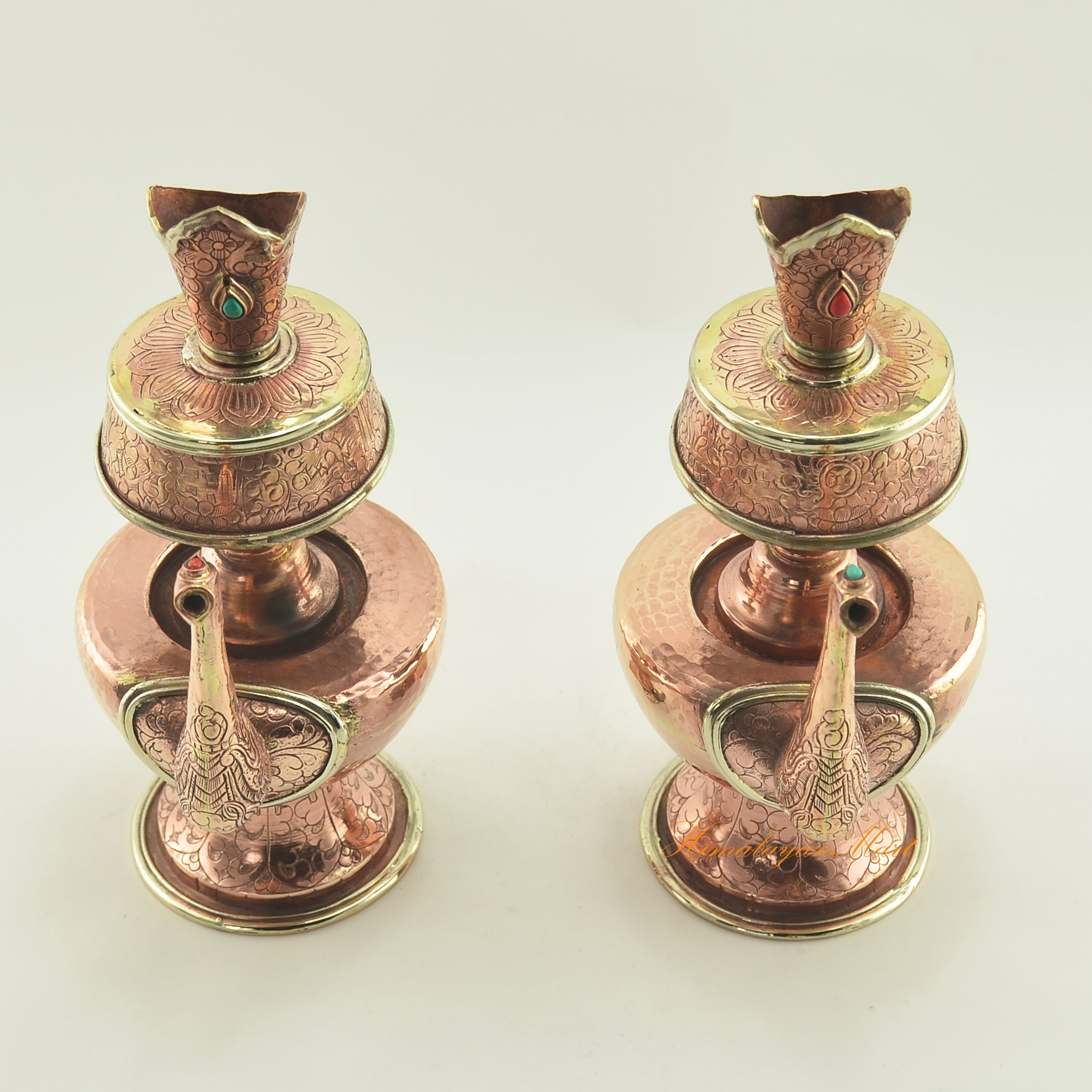 Top view of Buddhist Copper Ceremonial Bhumba showing upper rim, brass ring, and hand-carved detailing