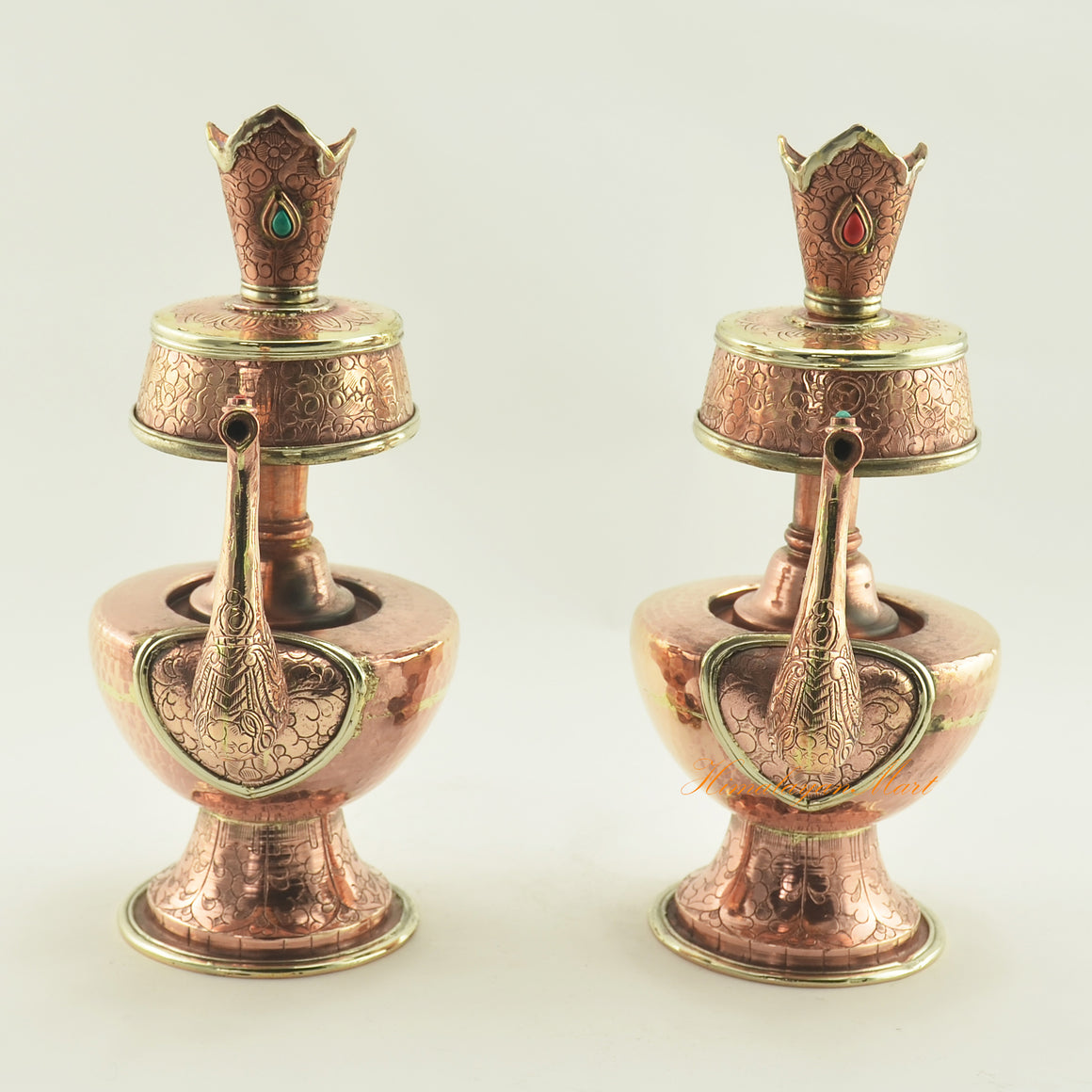 Buddhist Copper Ceremonial Bhumba handcrafted ritual offering vessel with coral turquoise embellishments