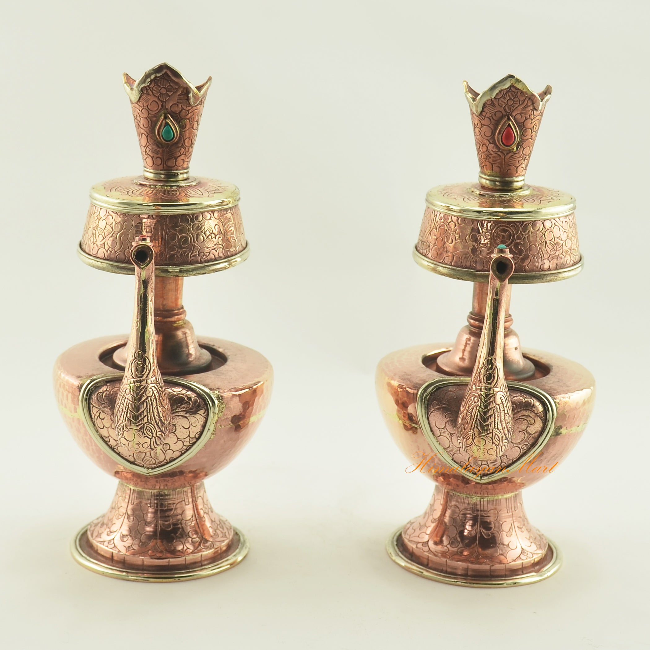 Buddhist Copper Ceremonial Bhumba handcrafted ritual offering vessel with coral turquoise embellishments