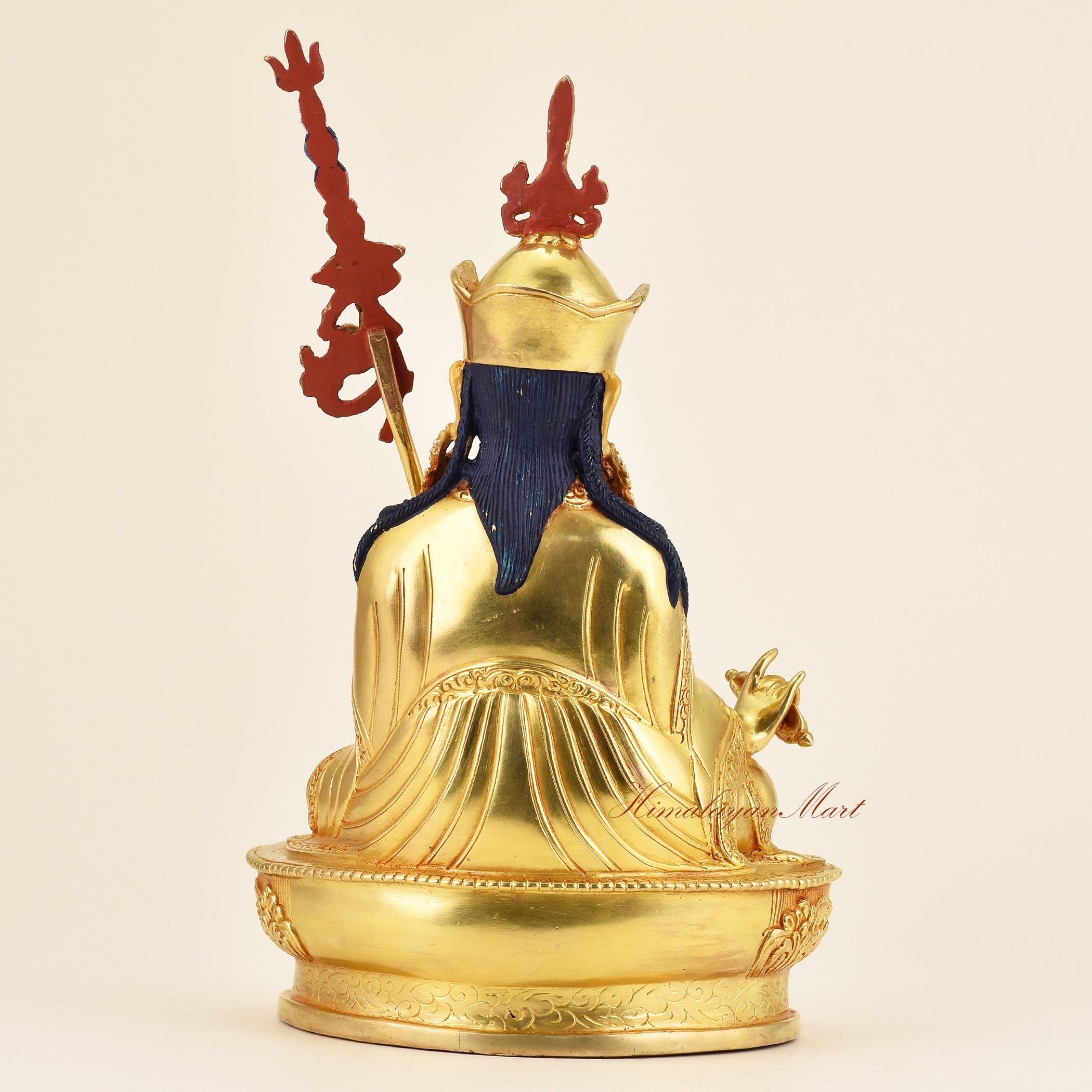 Back view of Buddhist Guru Padmasambhava statue with premium gold gilding, revealing intricate rear detailing and handcrafted sacred design.
