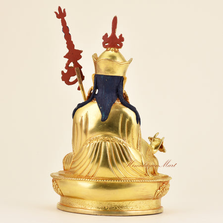 Back view of Buddhist Guru Padmasambhava statue with premium gold gilding, revealing intricate rear detailing and handcrafted sacred design.