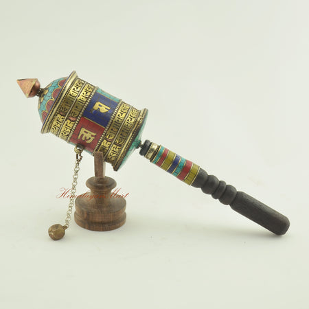 Buddhist Handheld Prayer Wheel left view – tool for meditation, mindfulness, and devotion