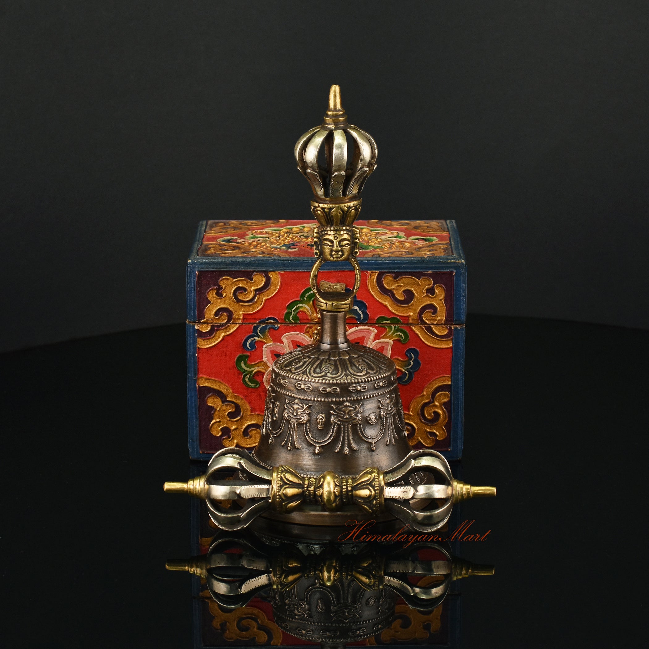 Front View of Buddhist Vajra Bell Set, Gold-Plated Dorje and Drilbu Handcrafted in Patan, Nepal