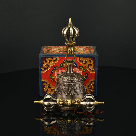 Front View of Buddhist Vajra Bell Set, Gold-Plated Dorje and Drilbu Handcrafted in Patan, Nepal