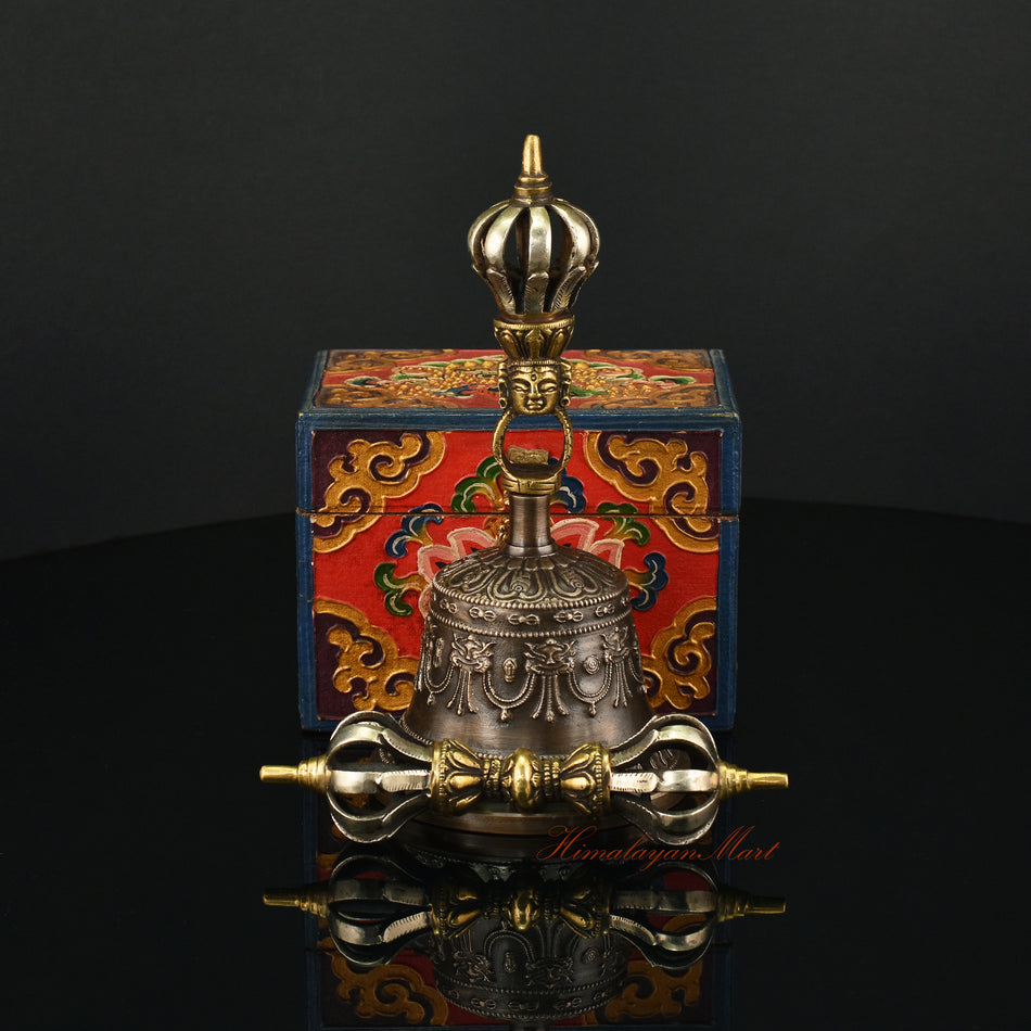 Front View of Buddhist Vajra Bell Set, Gold-Plated Dorje and Drilbu Handcrafted in Patan, Nepal
