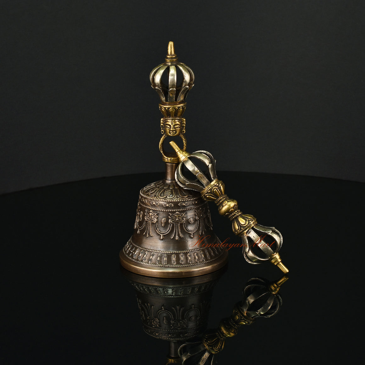 Side View of Gold-Plated Buddhist Vajra Bell Set, Traditional Panchadhatu Tibetan Ritual Instrument