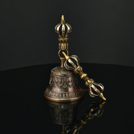 Side View of Gold-Plated Buddhist Vajra Bell Set, Traditional Panchadhatu Tibetan Ritual Instrument