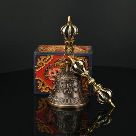 Buddhist Vajra Bell Set in Panchadhatu Five Sacred Metal Alloy with Gold Plating, Handmade in Nepal