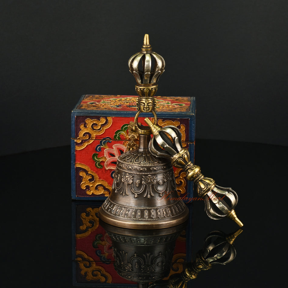 Buddhist Vajra Bell Set in Panchadhatu Five Sacred Metal Alloy with Gold Plating, Handmade in Nepal