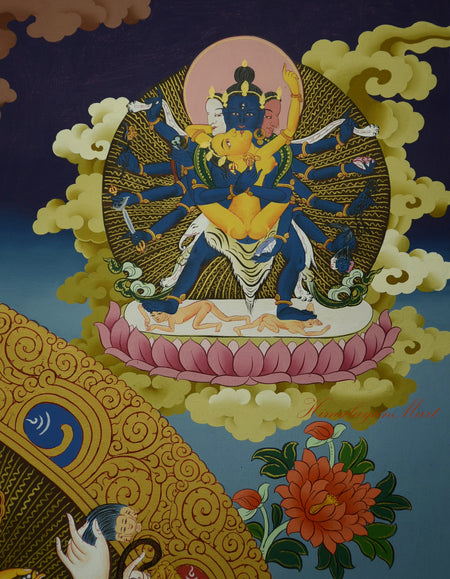 Detail of Chakrasamvara with consort in union, upper section of Kalachakra Thangka painting.