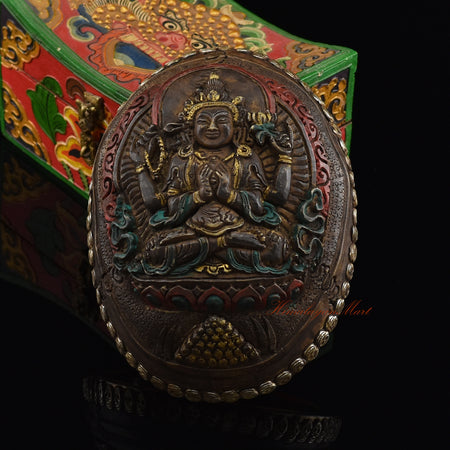 Chenrezig carved resin kapala, hand-painted Tibetan Buddhist ritual object