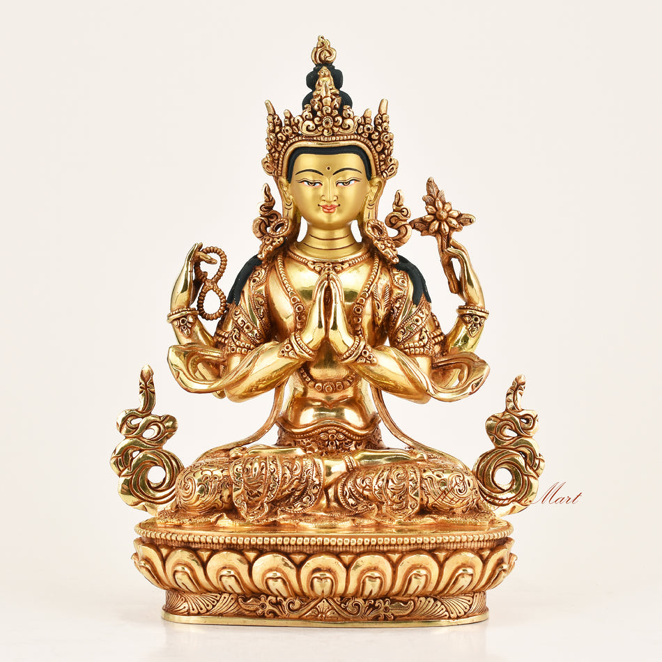 Chenrezig Compassion Buddha Statue front view on altar for meditation and spiritual practice, handcrafted Himalayan sacred sculpture