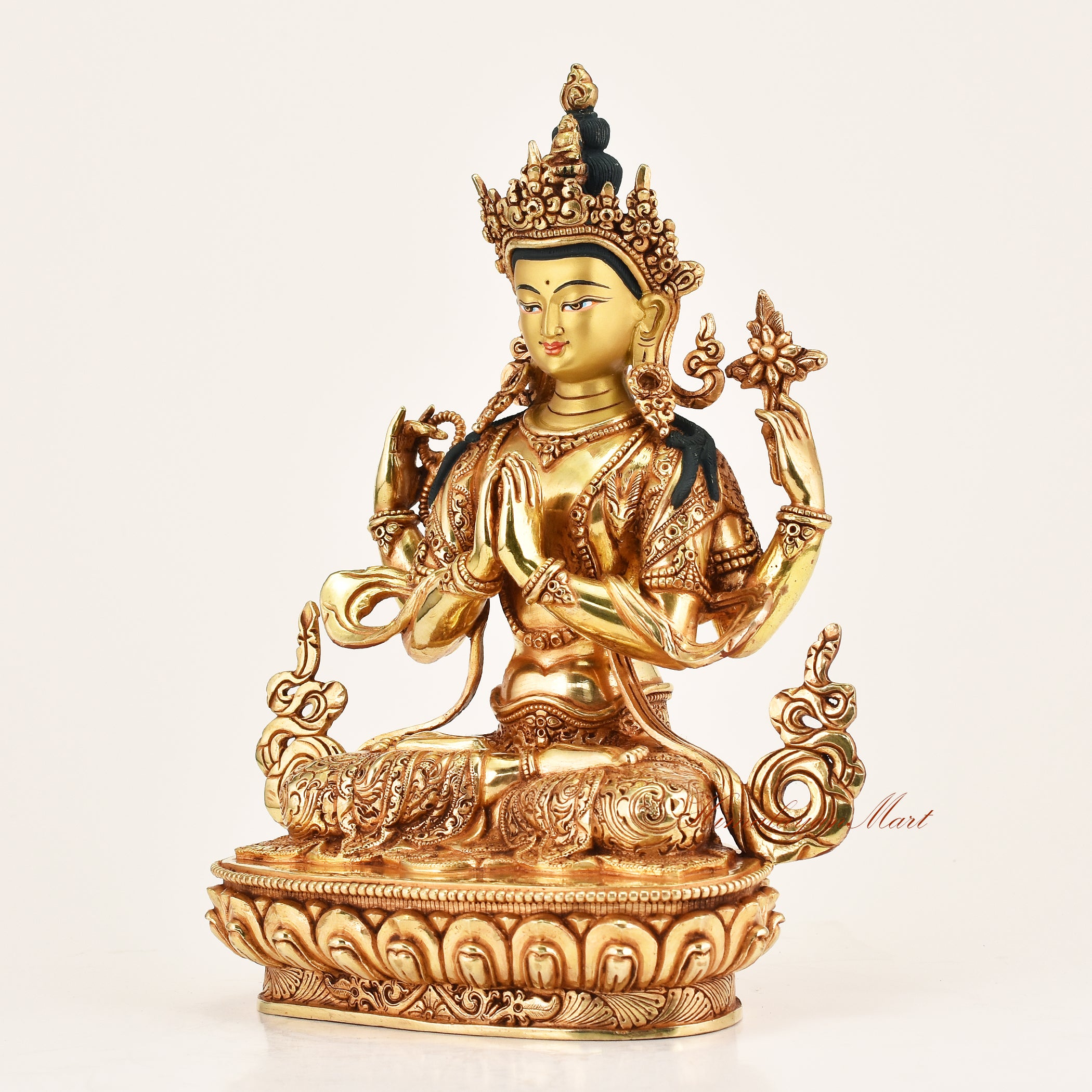 Chenrezig Compassion Buddha Statue left side view, sacred Tibetan Buddhist sculpture for home shrine and devotional practice