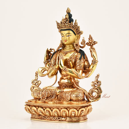 Chenrezig Compassion Buddha Statue left side view, sacred Tibetan Buddhist sculpture for home shrine and devotional practice