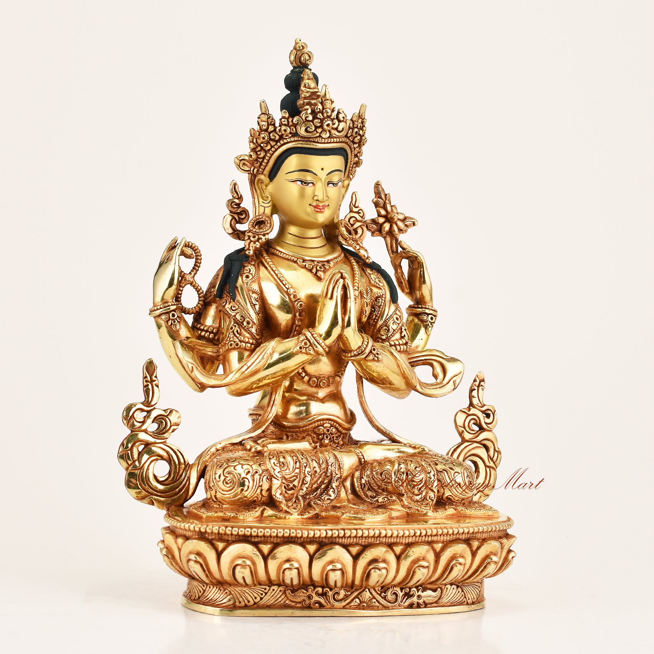 Chenrezig Compassion Buddha Statue right side view, four-armed Avalokiteshvara Buddhist deity for altar and meditation spaces