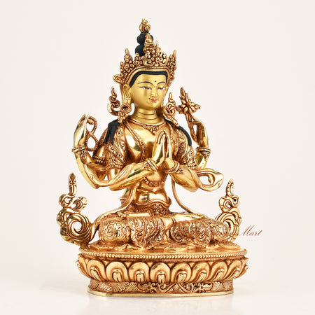 Chenrezig Compassion Buddha Statue right side view, four-armed Avalokiteshvara Buddhist deity for altar and meditation spaces