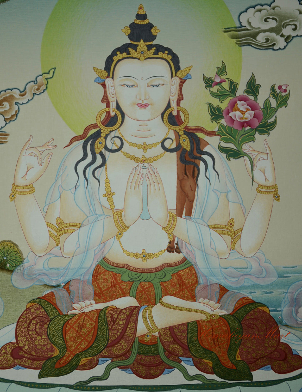 Detailed view of the Chenrezig Karma Koti Thangka showcasing intricate brushwork and gold accents.