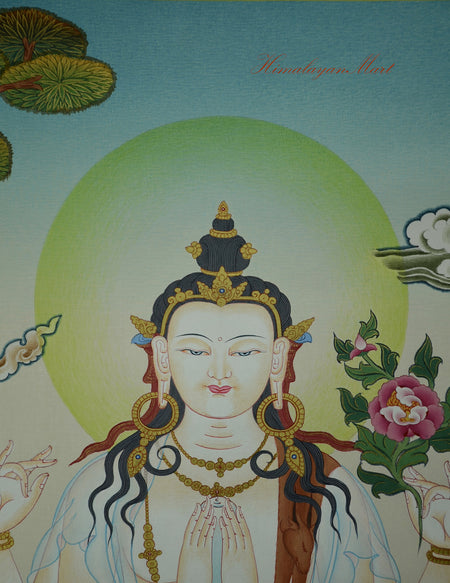 Detailed depiction of Chenrezig’s four symbolic hands holding the mala, lotus, and wish-fulfilling jewel.