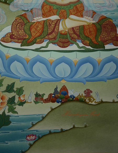Lotus base beneath Chenrezig in the Karma Koti Thangka, symbolizing purity and spiritual awakening.