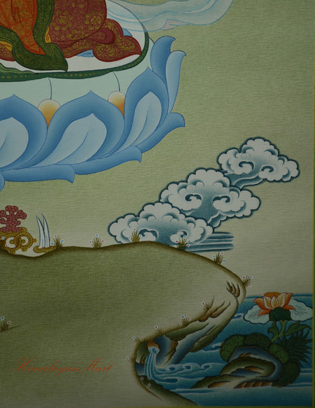 Lower left base of the Thangka showing ritual offerings and sacred flowers emerging from the pond.