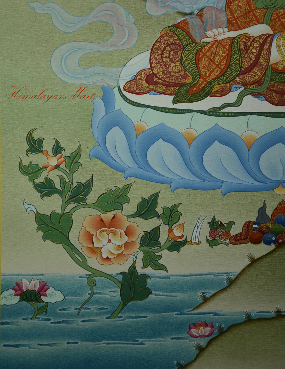 Lower right base of the painting featuring detailed offerings and symbolic natural elements.
