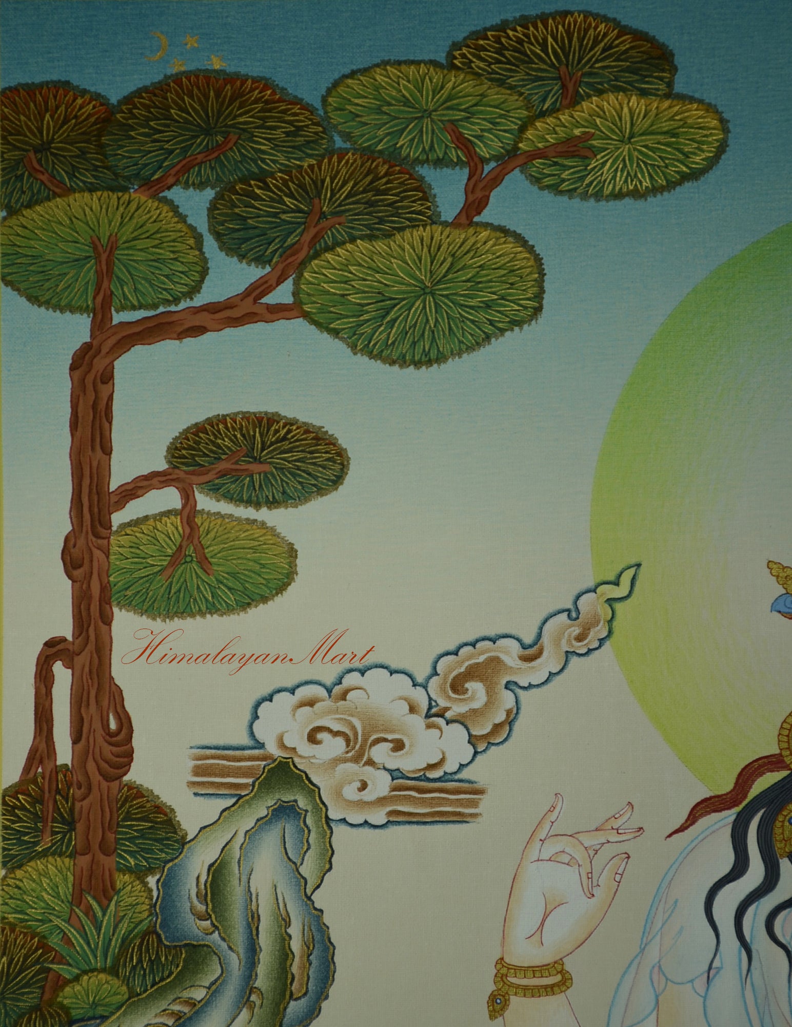 Moon and stars in the upper right sky of the Chenrezig Karma Koti Thangka, symbolizing clarity.