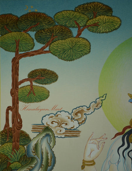 Moon and stars in the upper right sky of the Chenrezig Karma Koti Thangka, symbolizing clarity.