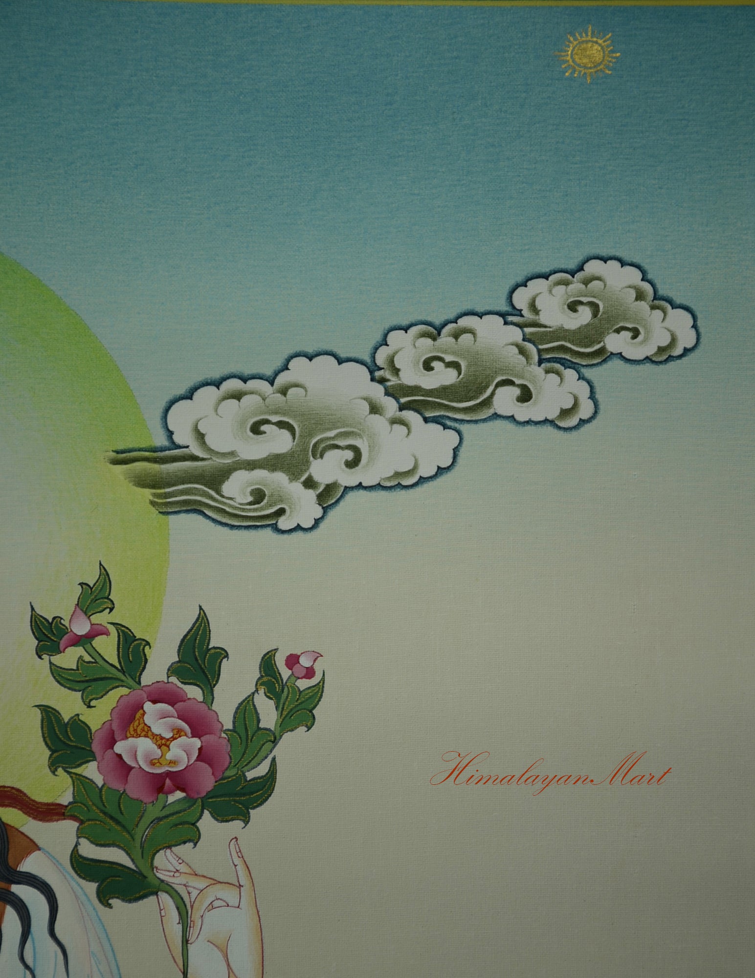 Radiant sun in the top left corner of the Thangka representing enlightenment and spiritual insight.