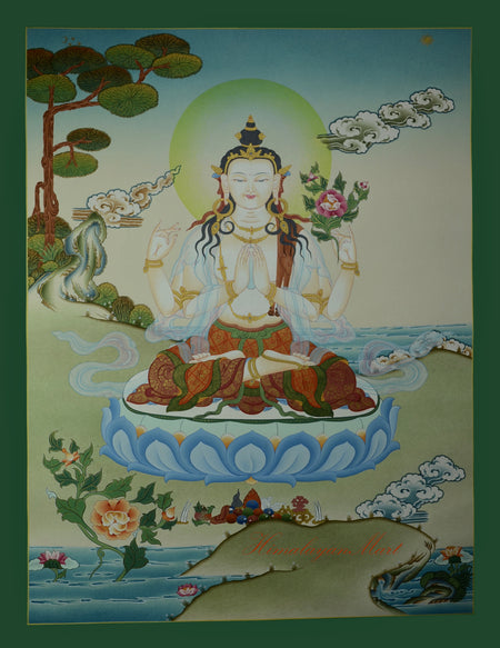 Hand-painted Chenrezig Karma Koti Thangka on cotton canvas with 24K gold detailing.