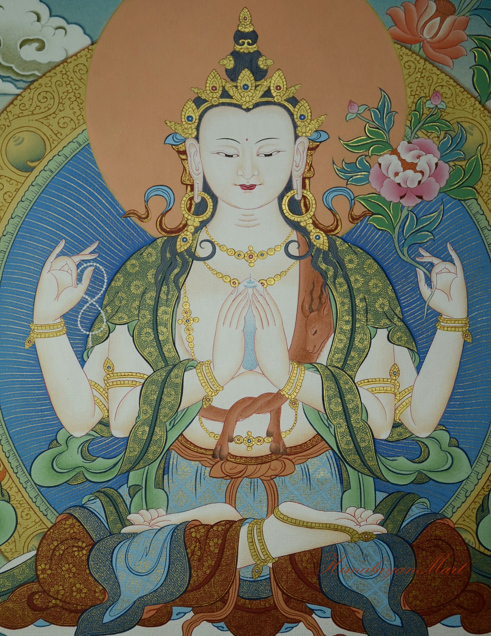 Close-up detail of Chenrezig Meditation Art showing intricate brushwork and symbolic elements.
