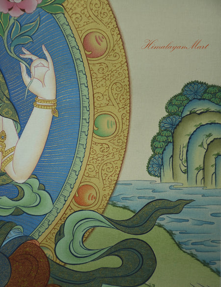 Chenrezig Meditation Art – Upper left hand holding a lotus, symbol of purity and liberation.