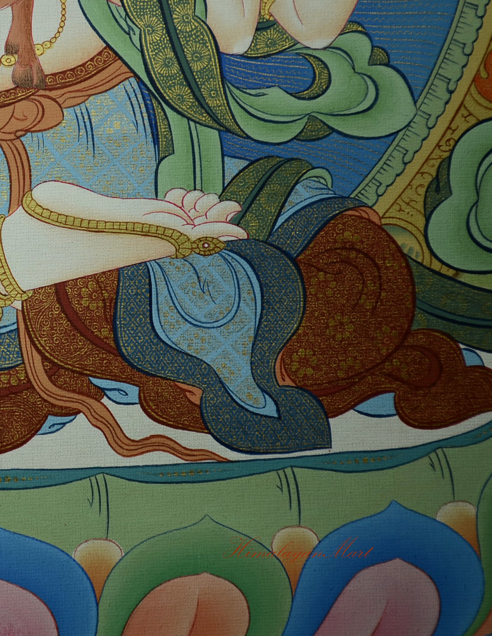 Detailed view of Chenrezig’s lower posture in meditation, resting on a lotus throne.