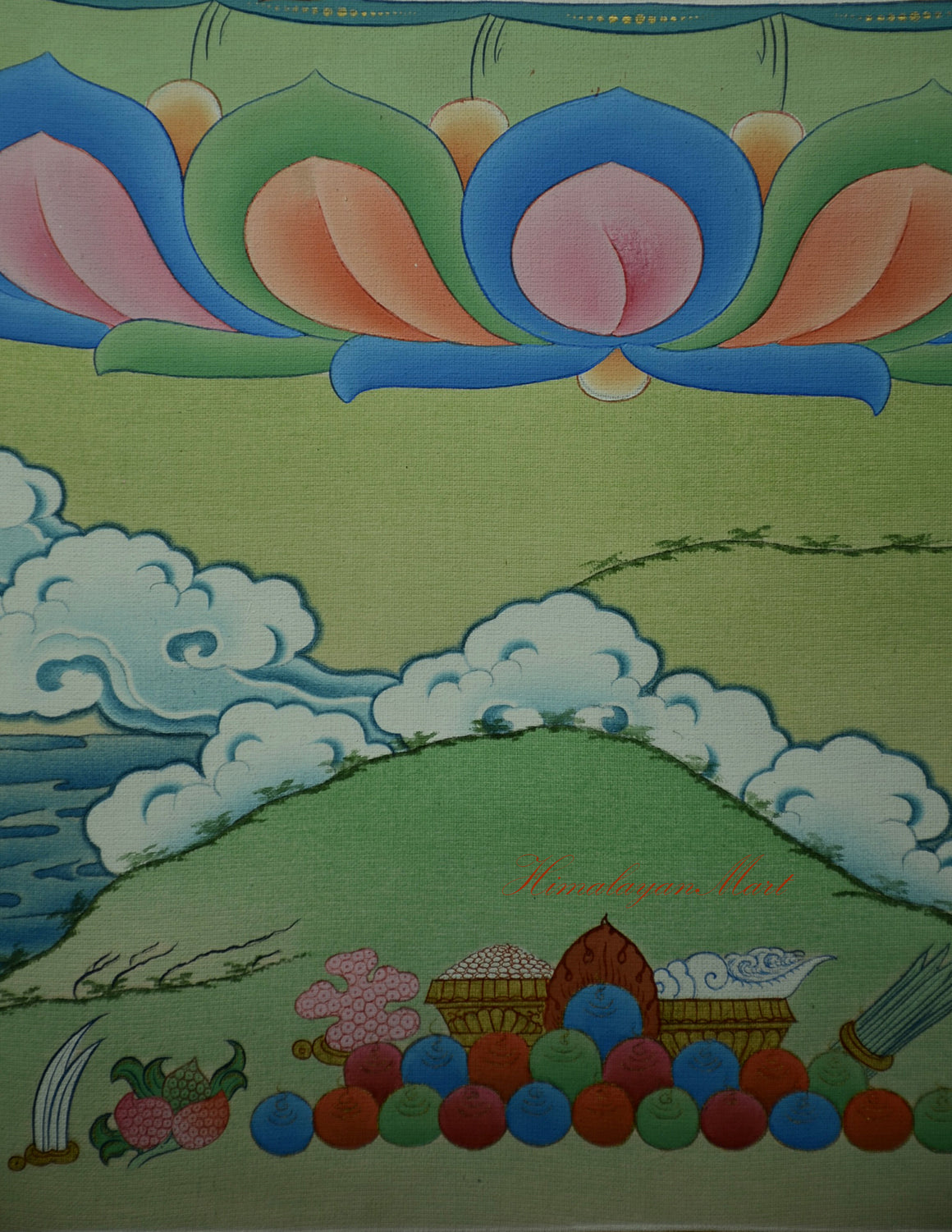 Chenrezig Meditation Art – Lotus base with blooming flowers representing purity and awakening.