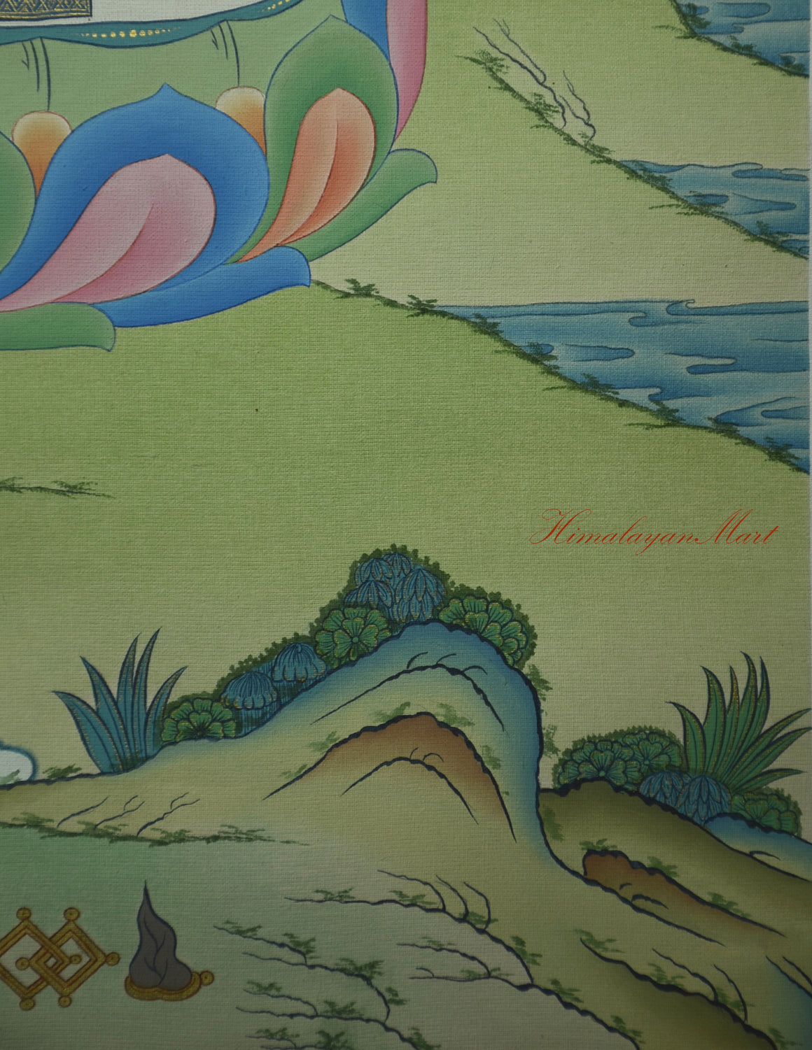 Lower left section showing sacred offerings and lotus landscape in Chenrezig Meditation Art.