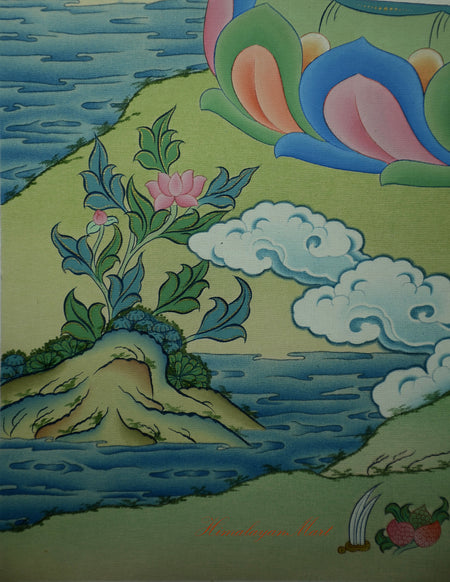 Lower right section with sacred elements and natural beauty in Chenrezig Meditation Art.