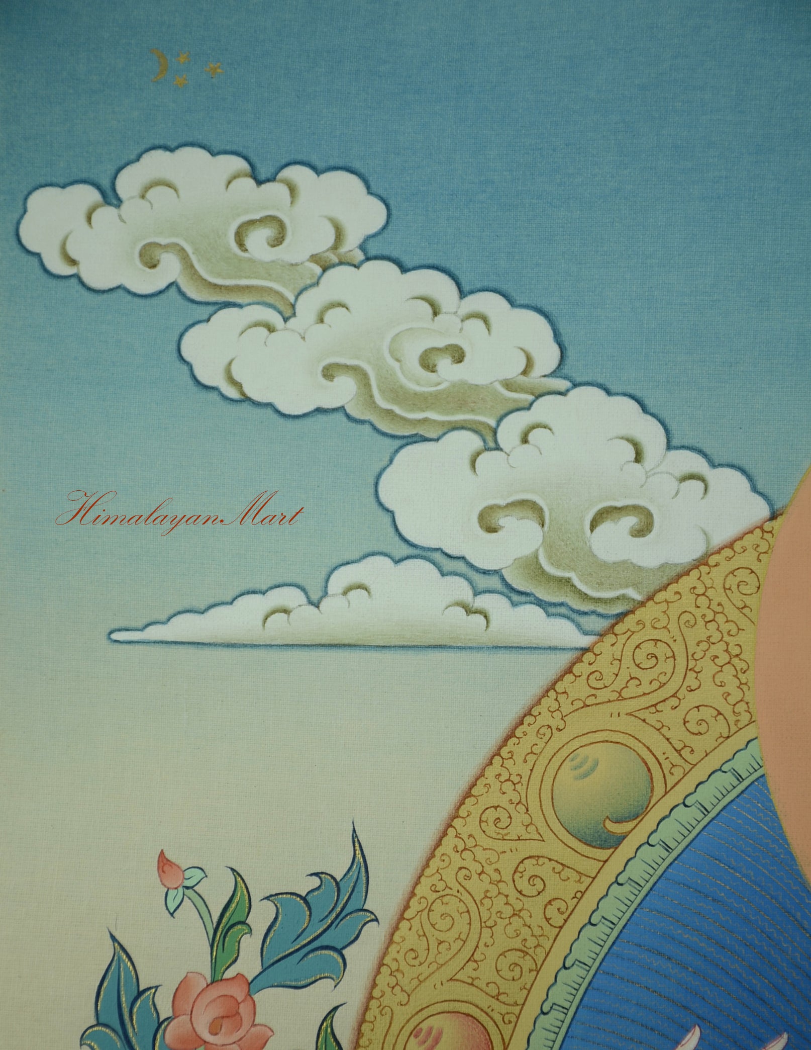 Detail of moon and stars above Chenrezig, symbolizing cosmic harmony and divine presence.